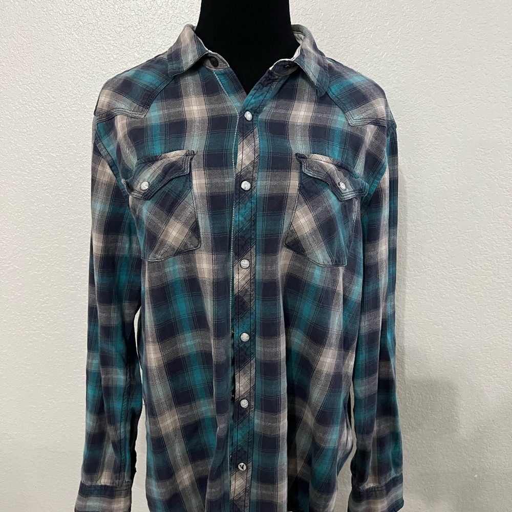 Roebuck & Co Flannel Pearl Snap Long Sleeve- Blue/Purple Plaid- Size Large